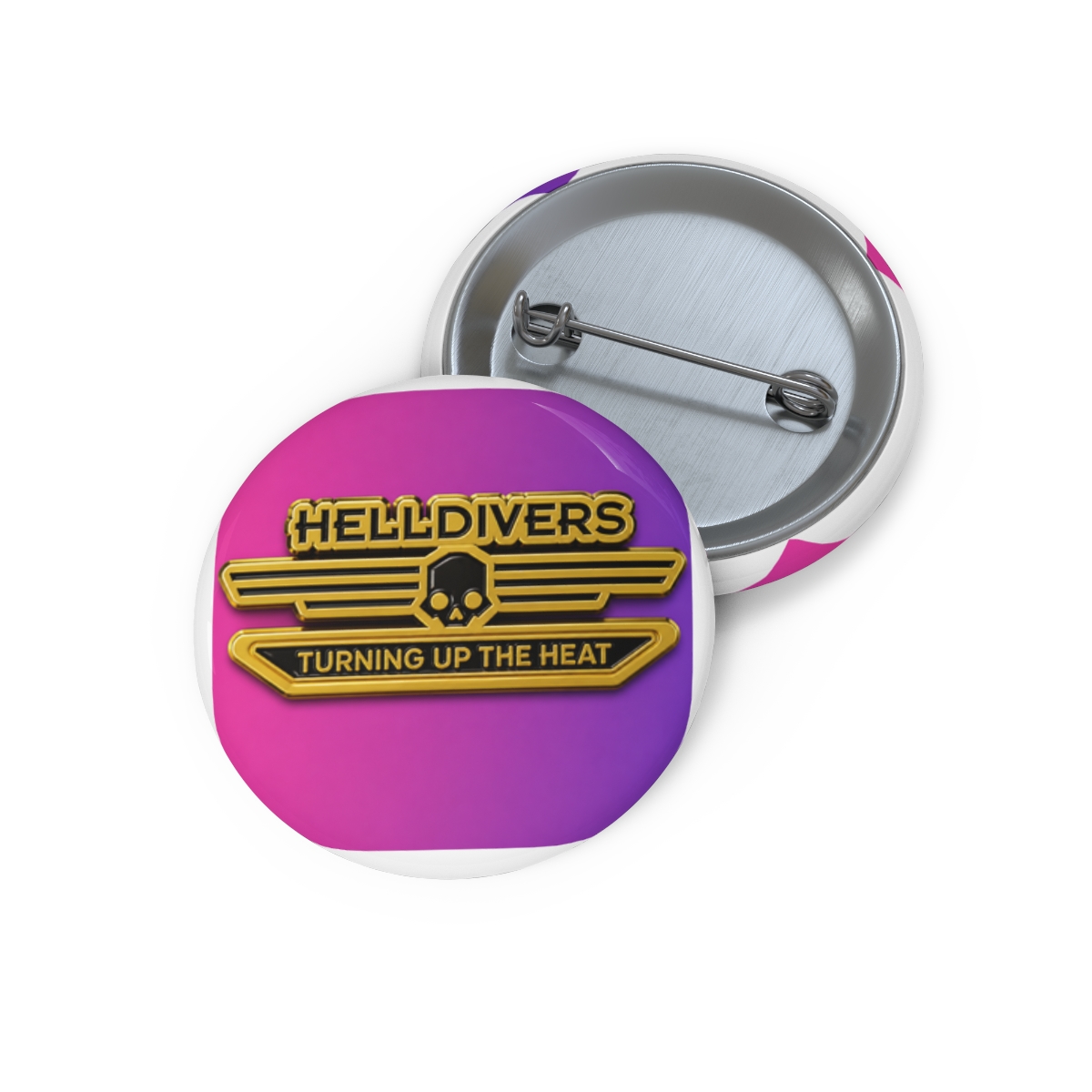 A gold-coloured metal pin with the text "HELLDIVERS" and "TURNING UP THE HEAT". The pin features a skull and crossbones design. The background is a gradient of pink and purple - Official Creator merchandise